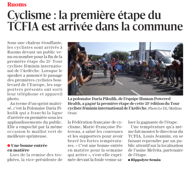 TCFIA 2023 - 1ere étape - Bourg-St-Andéol-Ruoms article du Dauphine Libéré