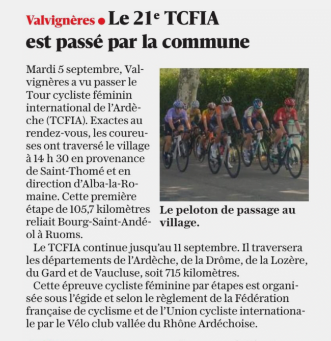 TCFIA 2023 - 2e étape - Nîmes-Nîmes Valvignères article du Dauphine Libéré