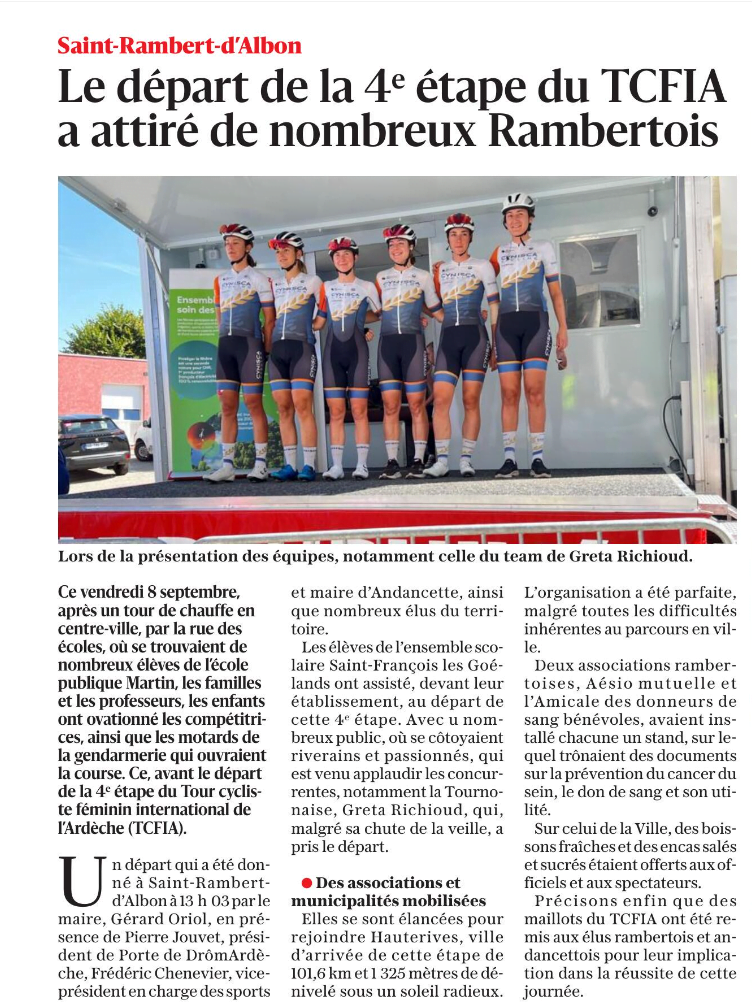 TCFIA 2023 - 4e étape St-Rambert-d'Albon-Hauterives article du Dauphine Libéré