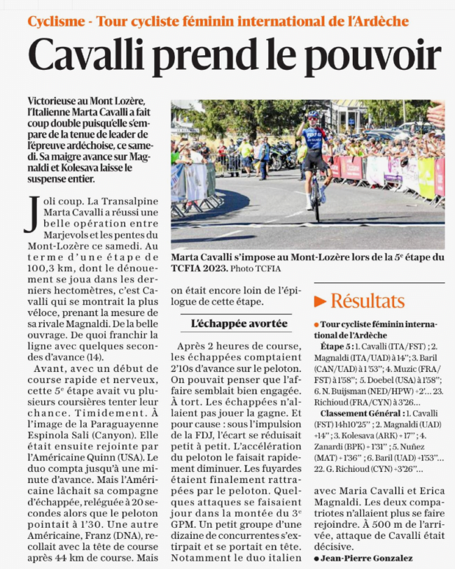 TCFIA 2023 - 5e étape - Marvejols-Mont Lozère article du Dauphine Libéré