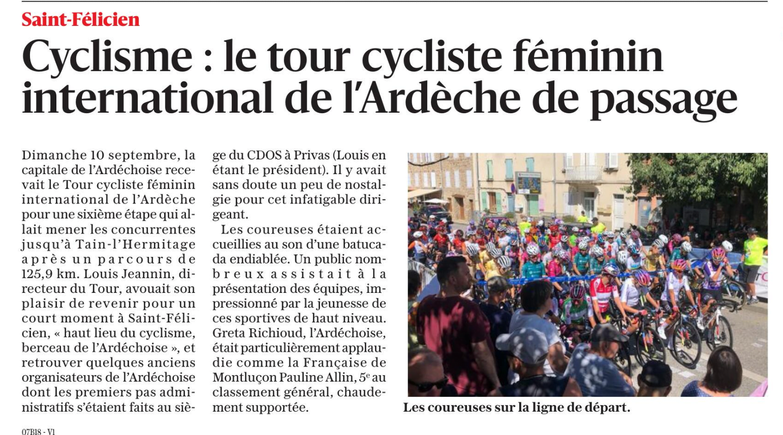 TCFIA 2023 - 6e étape St-Félicien-Tain-l'Hermitage Départ St-Félicien Le Dauphiné 120923