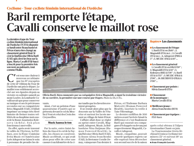 TCFIA 2023 - 7e étape Beauchastel-Privas Compte-rendu étape Le Dauphiné