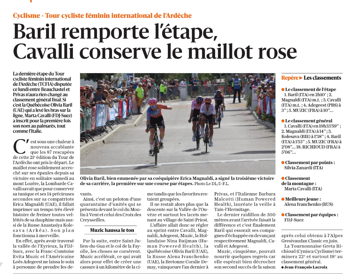 TCFIA 2023 - 7e étape Beauchastel-Privas Compte-rendu étape Le Dauphiné